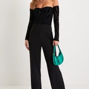 Lulus Stunning Occasion Black Burnout Velvet Off-the-shoulder Jumpsuit - Size L